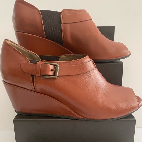 Anyi Lu Shoes - NEW ANYI LU Peep Toe Buckle Wedges Booties Ankle Boots Leather Brown Cognac